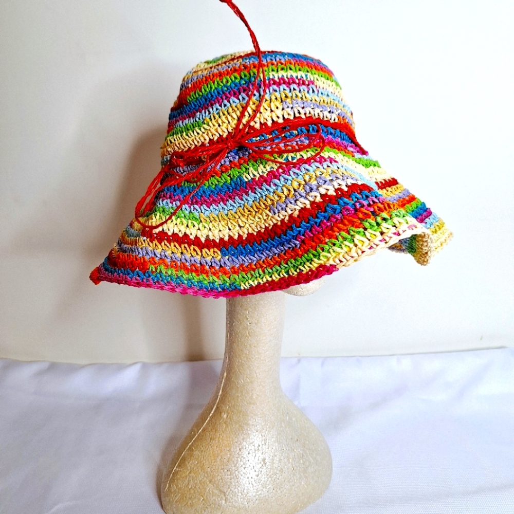 NWOT J Hats brand "The Crocheted Rainbow Bohemian" Bucket hat one size.